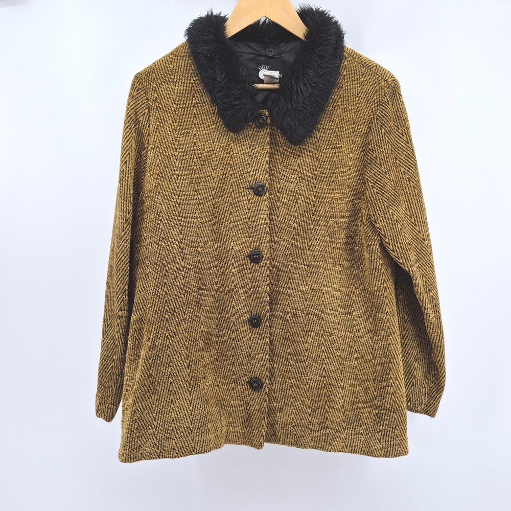 Vtg Y2K FIRST OPTION Herringbone Blazer Faux Fur Collar Button Front Womens Sz L